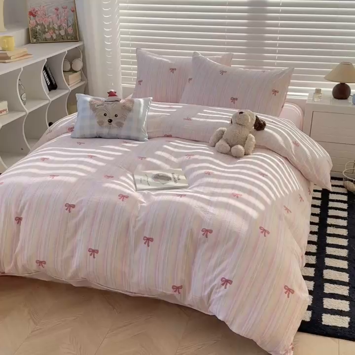 91家纺网 家纺一手货源 找家纺 繁花2025新款学生季第二波木棉水洗棉四件套三件套跑量款 粉黛佳人