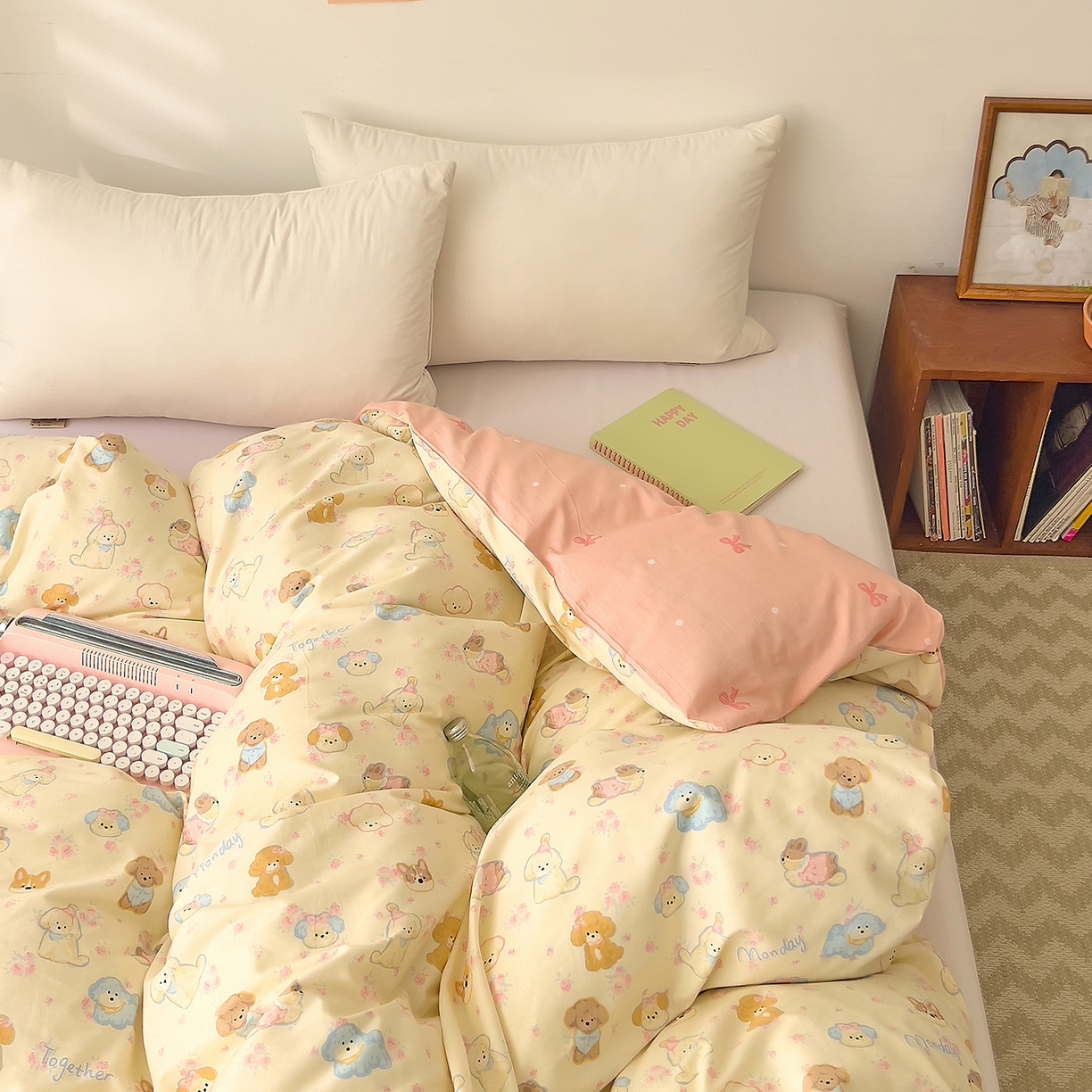 91家纺网 家纺一手货源 找家纺 DoDo 兜兜 2026新款全棉纯棉小清新卡通条格系列单被套【可定做尺寸】 狗狗家族