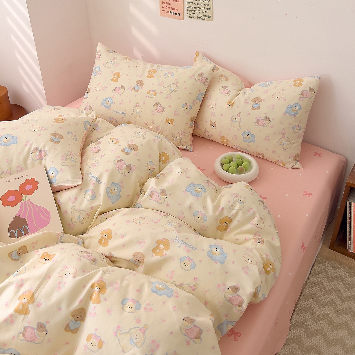 91家纺网 家纺一手货源 找家纺 DoDo 兜兜 2026新款全棉纯棉小清新卡通条格系列单被套【可定做尺寸】 狗狗家族