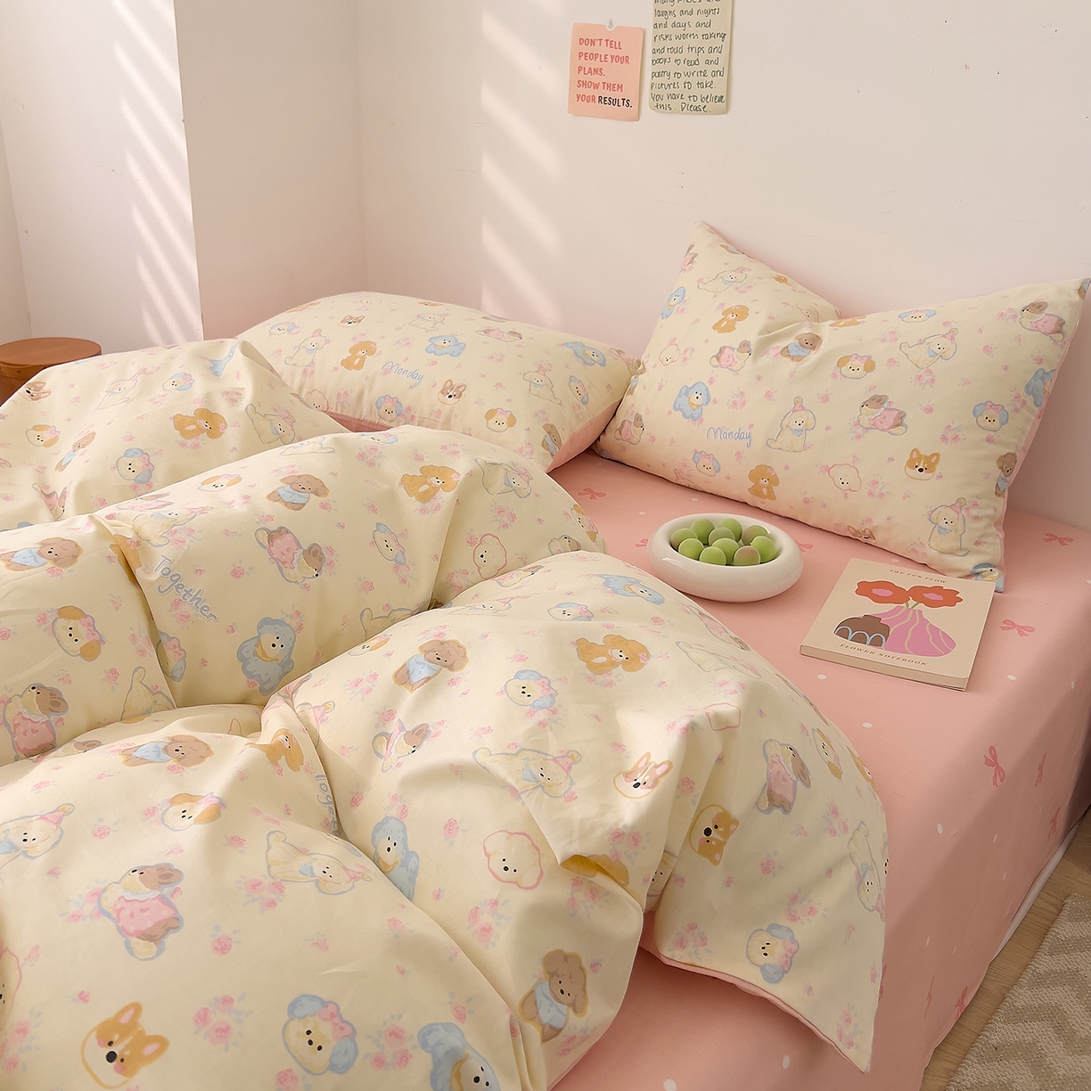 91家纺网 家纺一手货源 找家纺 DoDo 兜兜 2026新款全棉纯棉小清新卡通条格系列单被套【可定做尺寸】 狗狗家族