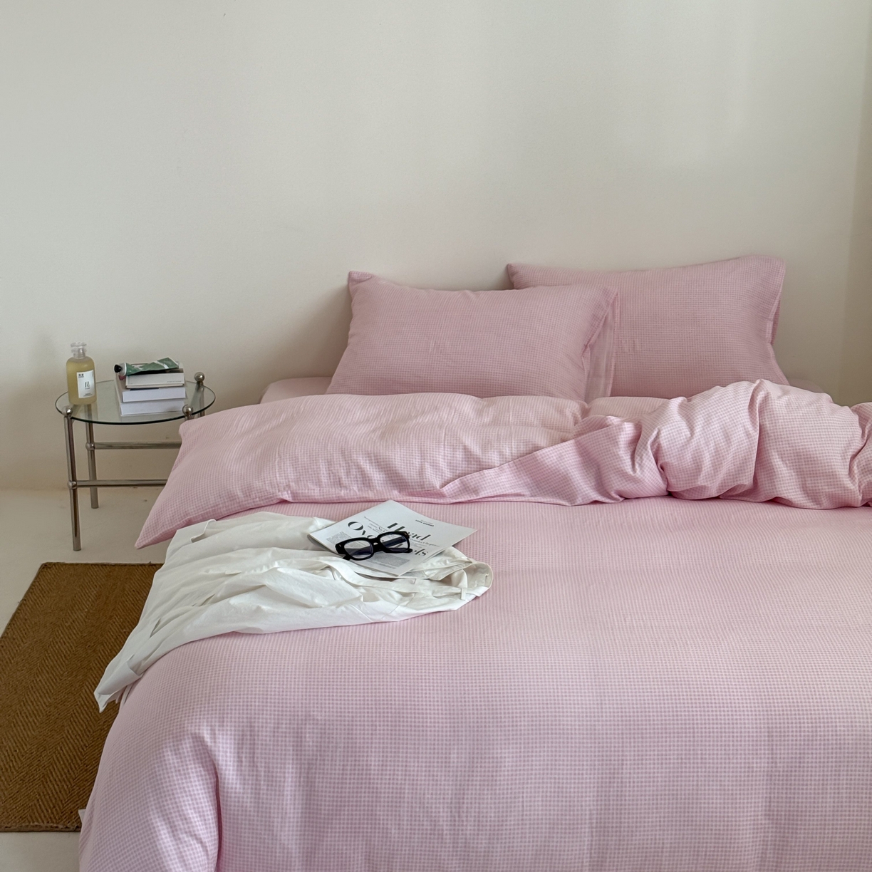 91家纺网 家纺一手货源 找家纺 窝米 2025新品全棉纯棉双层纱简约条格四件套系列第二组 品小格-粉