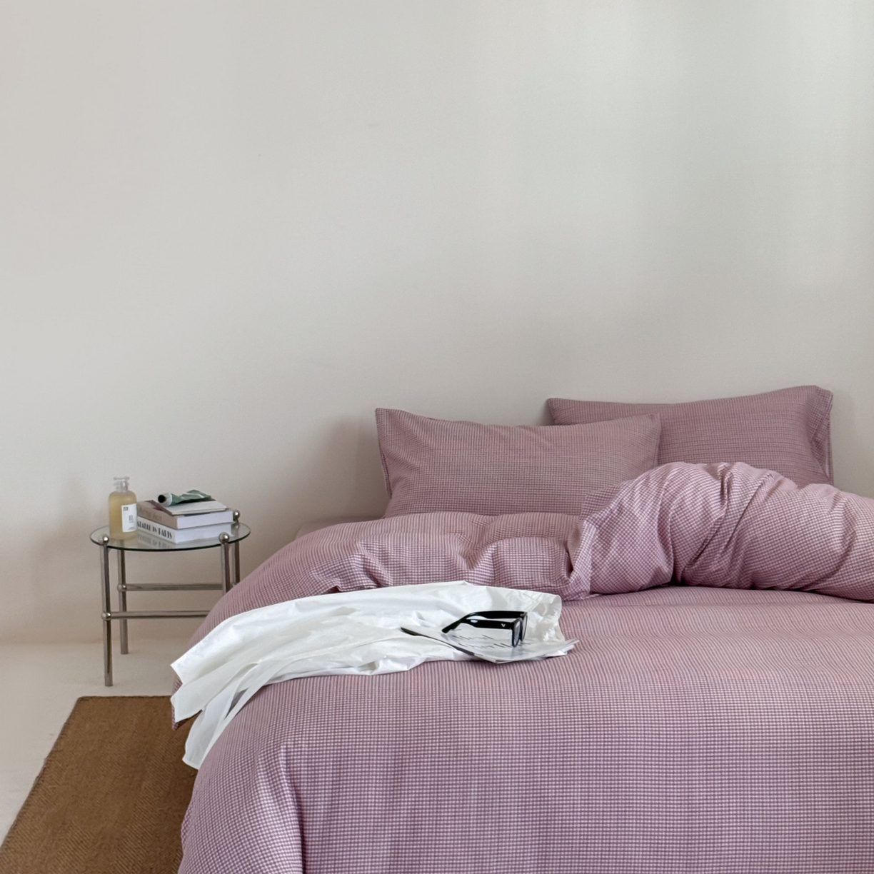 91家纺网 家纺一手货源 找家纺 窝米 2025新品全棉纯棉双层纱简约条格四件套系列第二组 品小格-紫