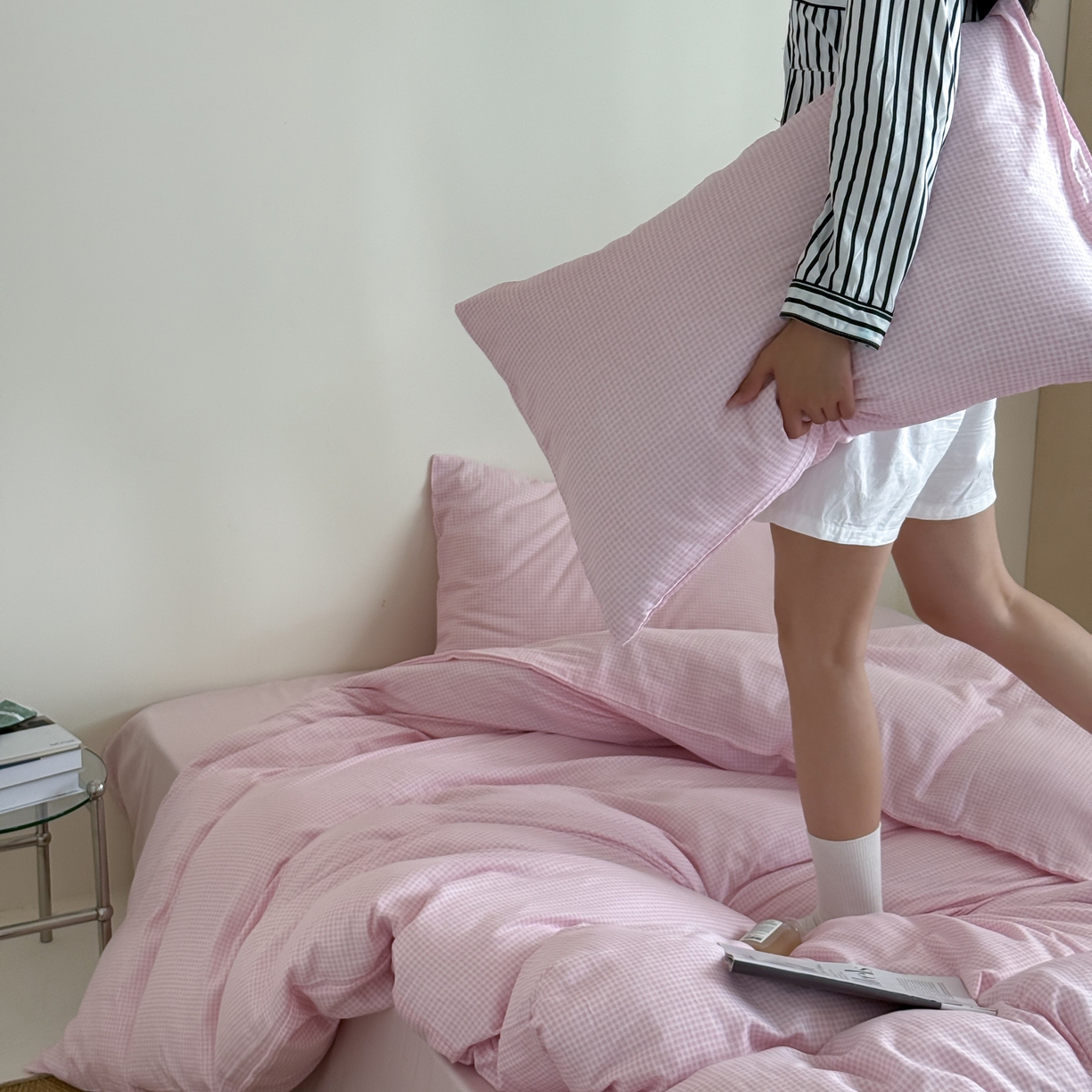 91家纺网 家纺一手货源 找家纺 （总）窝米 2025新品全棉纯棉双层纱简约条格四件套系列第二组