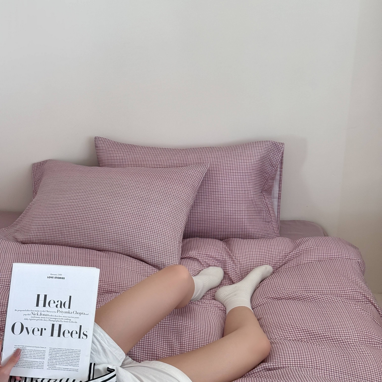 91家纺网 家纺一手货源 找家纺 窝米 2025新品全棉纯棉双层纱简约条格四件套系列第二组 品小格-紫