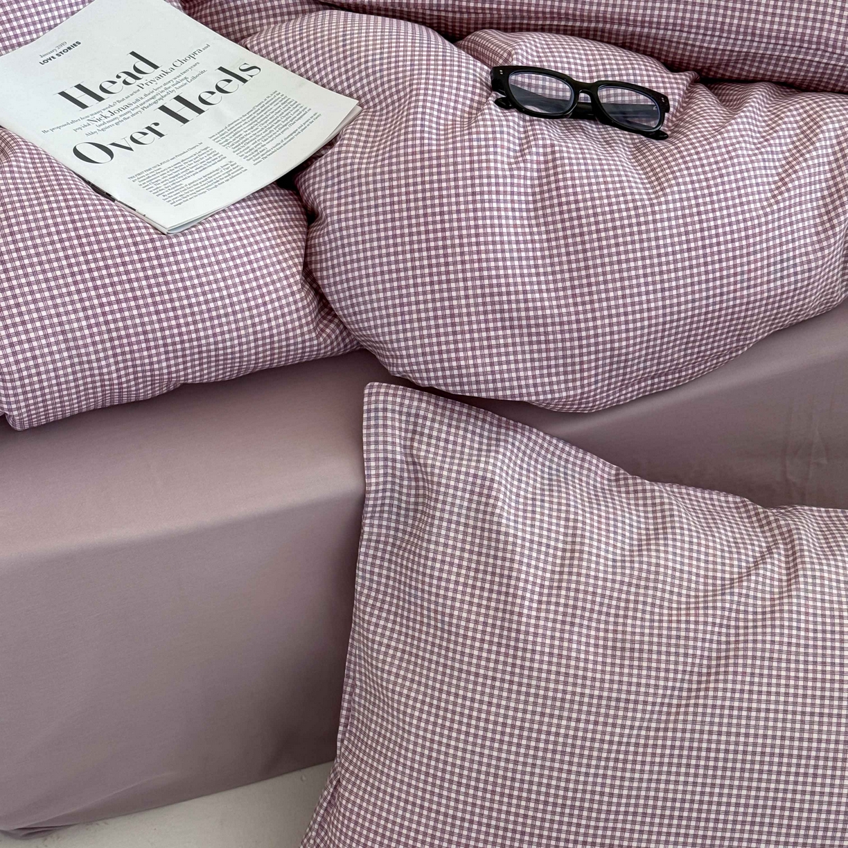 91家纺网 家纺一手货源 找家纺 窝米 2025新品全棉纯棉双层纱简约条格四件套系列第二组 品小格-紫
