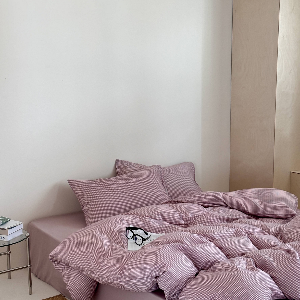 91家纺网 家纺一手货源 找家纺 窝米 2025新品全棉纯棉双层纱简约条格四件套系列第二组 品小格-紫