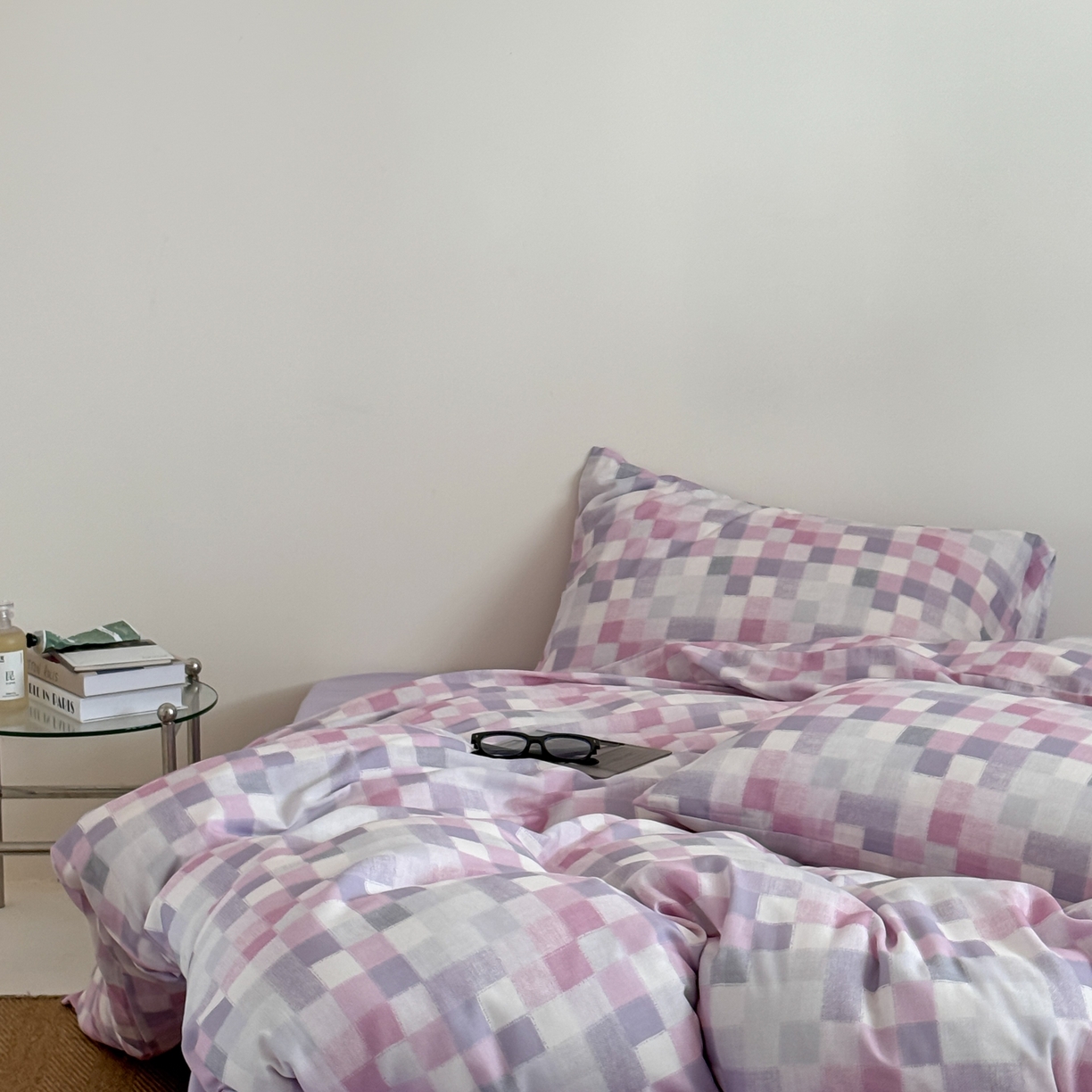 91家纺网 家纺一手货源 找家纺 窝米 2025新品全棉纯棉双层纱简约条格四件套系列第二组 蔚集-粉