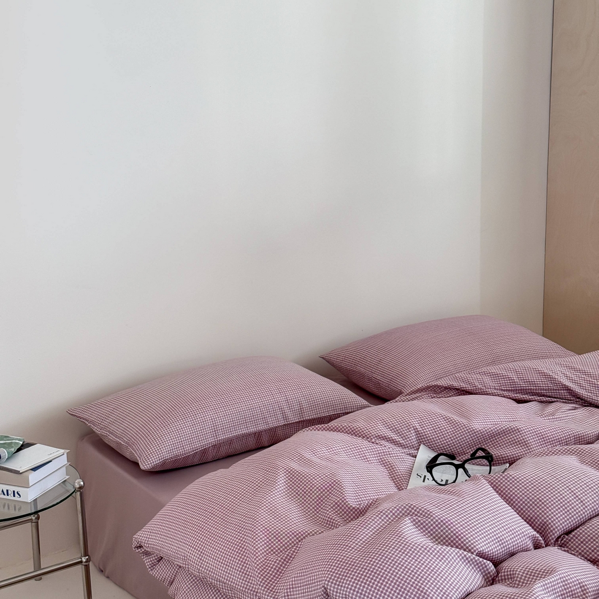 91家纺网 家纺一手货源 找家纺 窝米 2025新品全棉纯棉双层纱简约条格四件套系列第二组 品小格-紫