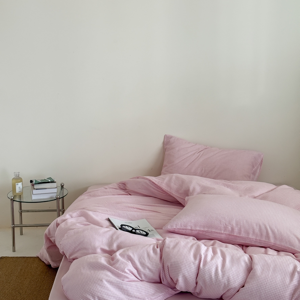 91家纺网 家纺一手货源 找家纺 窝米 2025新品全棉纯棉双层纱简约条格四件套系列第二组 品小格-粉