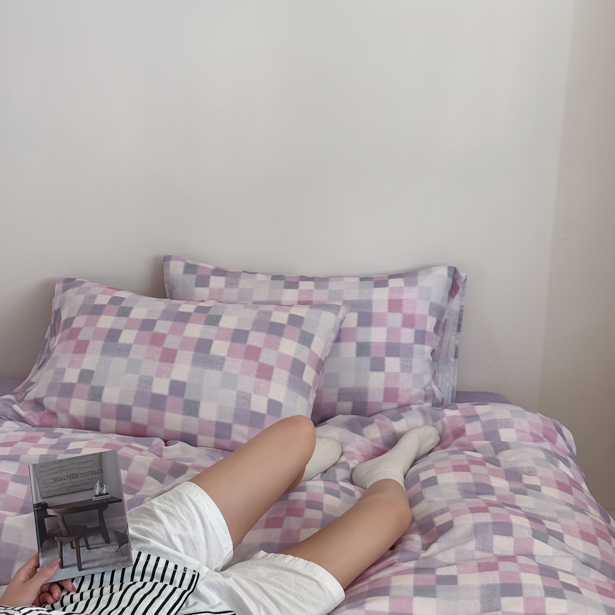 91家纺网 家纺一手货源 找家纺 窝米 2025新品全棉纯棉双层纱简约条格四件套系列第二组 蔚集-粉