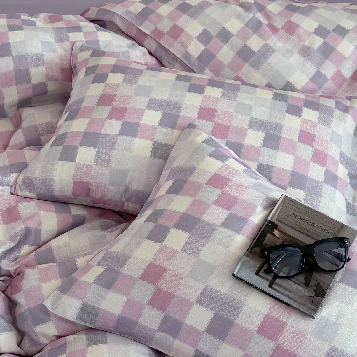 91家纺网 家纺一手货源 找家纺 窝米 2025新品全棉纯棉双层纱简约条格四件套系列第二组 蔚集-粉