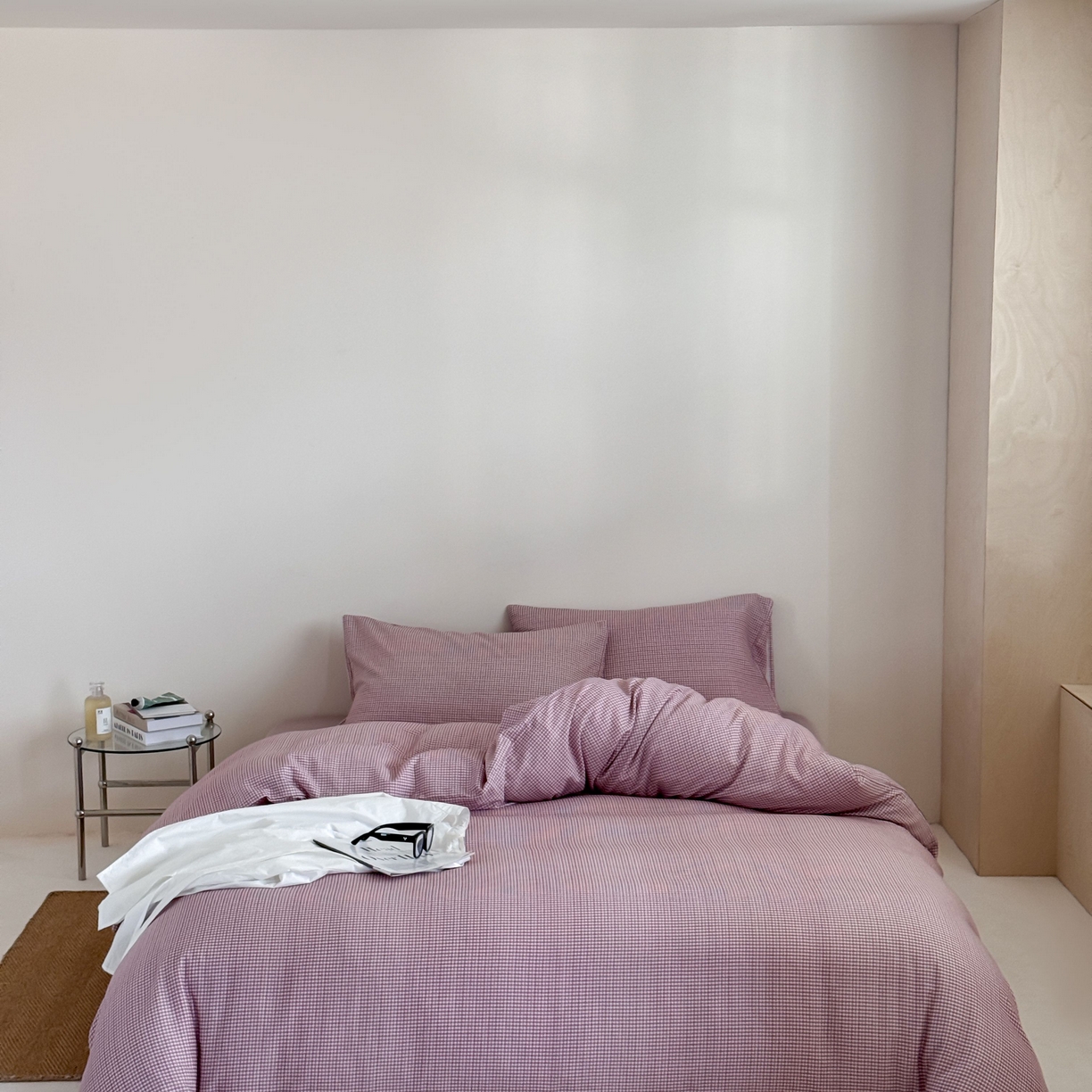 91家纺网 家纺一手货源 找家纺 窝米 2025新品全棉纯棉双层纱简约条格四件套系列第二组 品小格-紫