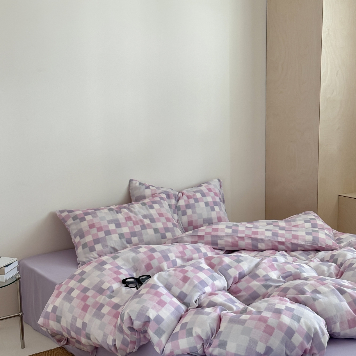 91家纺网 家纺一手货源 找家纺 窝米 2025新品全棉纯棉双层纱简约条格四件套系列第二组 蔚集-粉