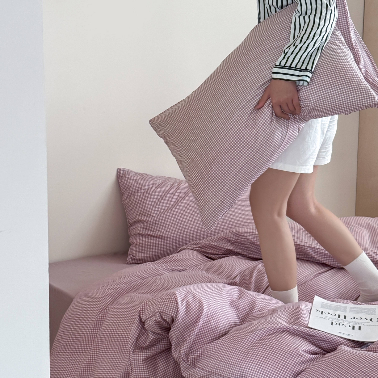 91家纺网 家纺一手货源 找家纺 窝米 2025新品全棉纯棉双层纱简约条格四件套系列第二组 品小格-紫