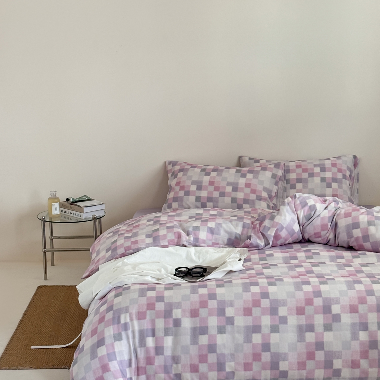 窝米 2025新品全棉纯棉双层纱简约条格四件套系列第二组 蔚集-粉