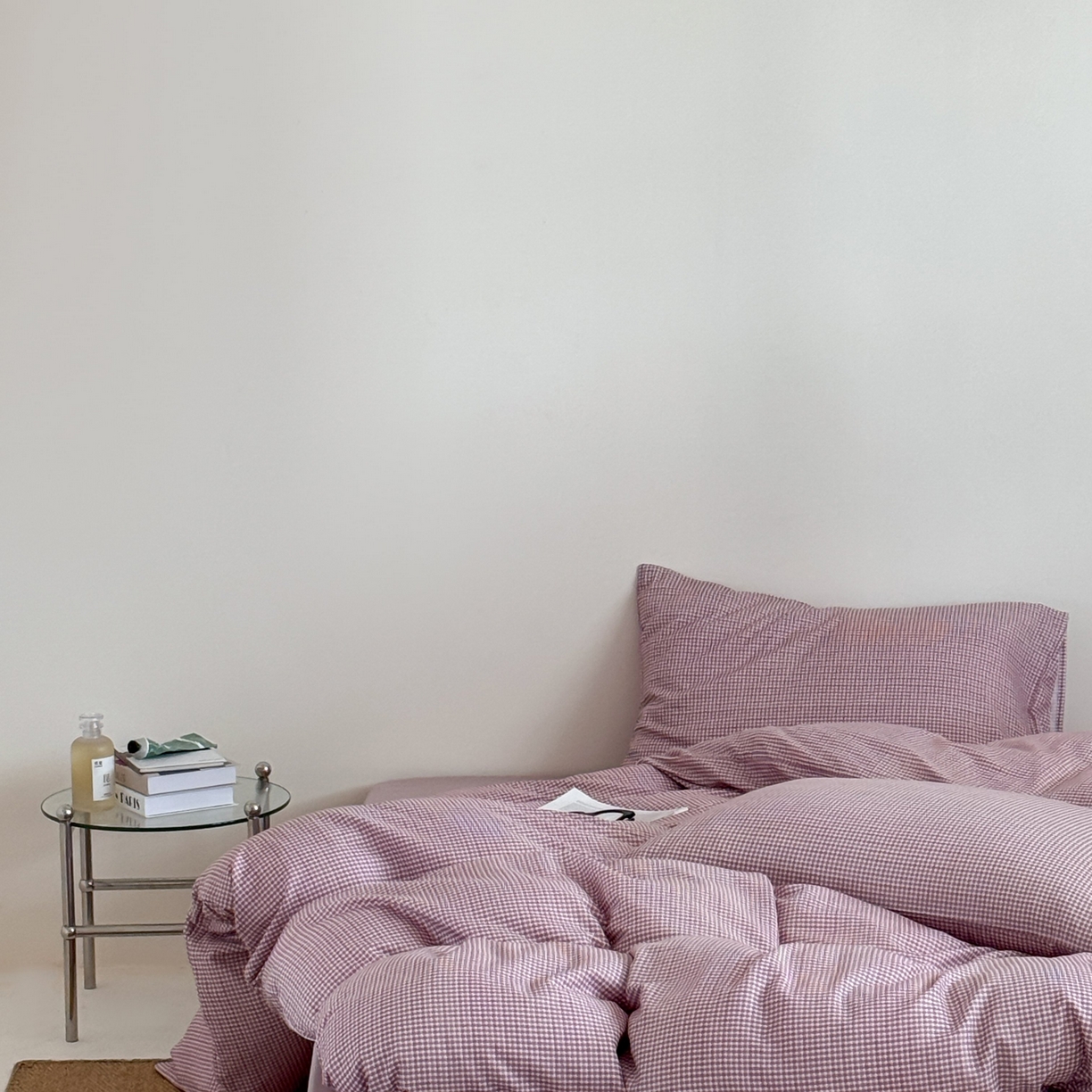 91家纺网 家纺一手货源 找家纺 窝米 2025新品全棉纯棉双层纱简约条格四件套系列第二组 品小格-紫