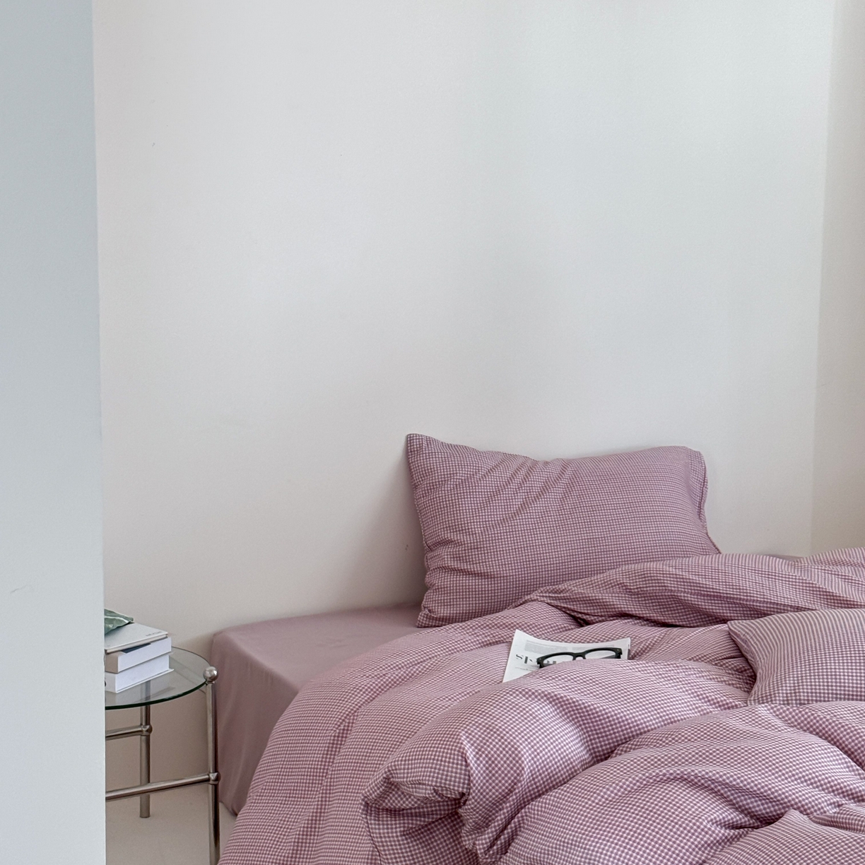 91家纺网 家纺一手货源 找家纺 窝米 2025新品全棉纯棉双层纱简约条格四件套系列第二组 品小格-紫