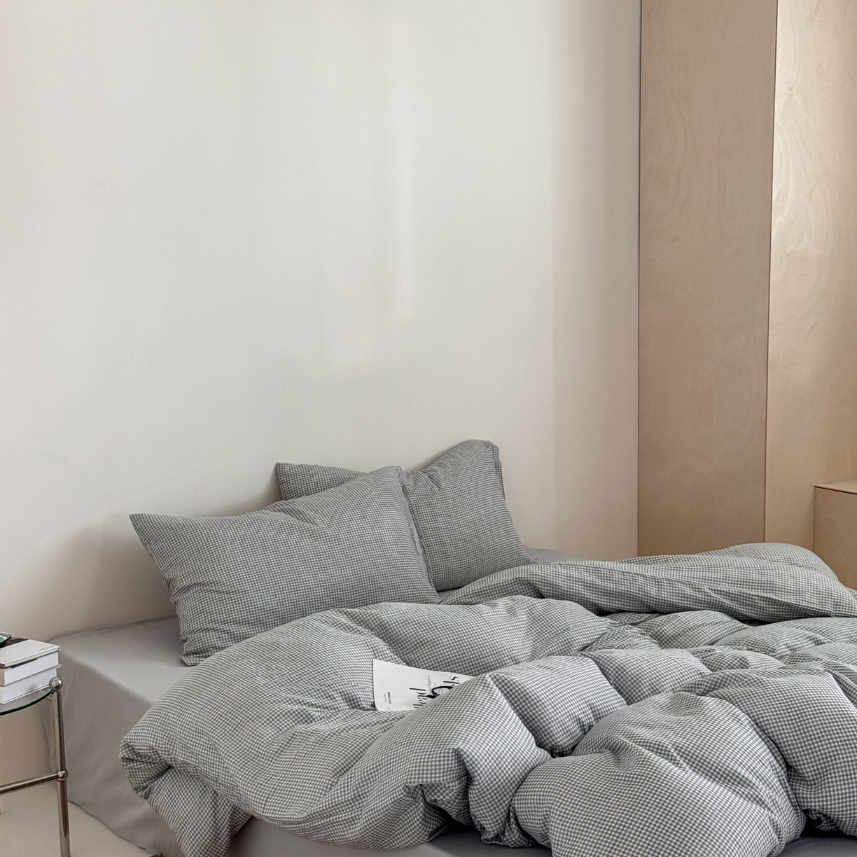 91家纺网 家纺一手货源 找家纺 窝米 2025新品全棉纯棉双层纱简约条格四件套系列第二组 品小格-黑