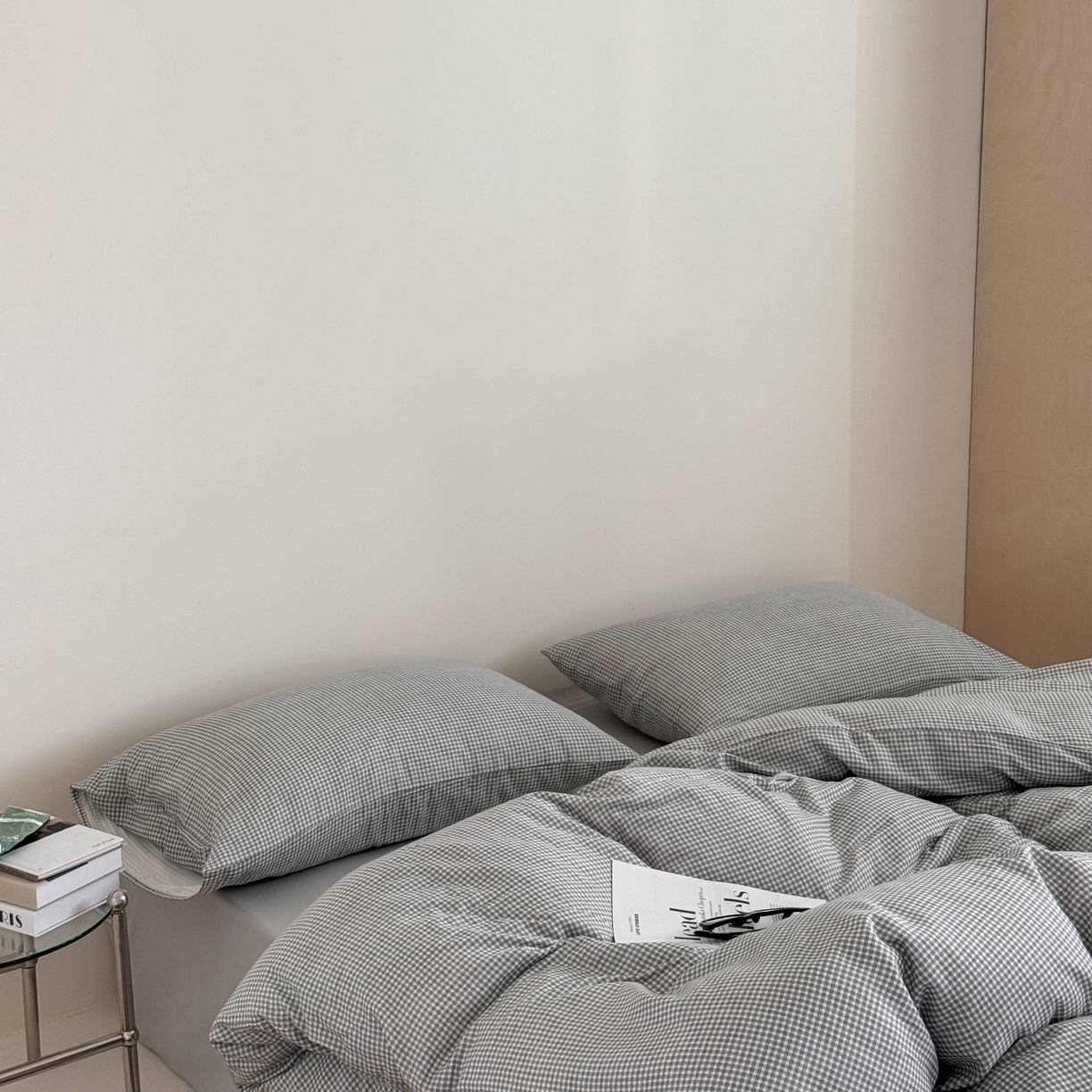 91家纺网 家纺一手货源 找家纺 窝米 2025新品全棉纯棉双层纱简约条格四件套系列第二组 品小格-黑