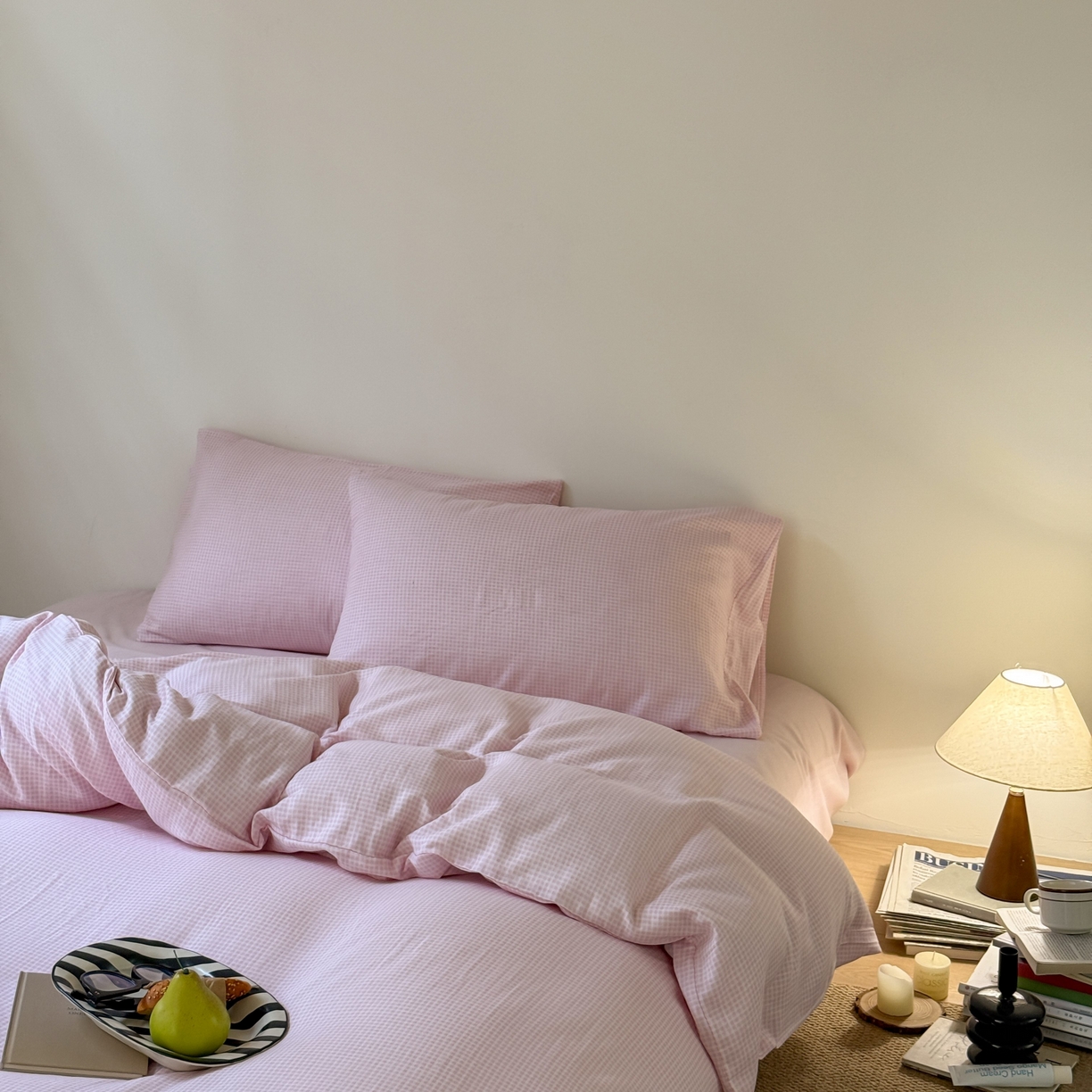 91家纺网 家纺一手货源 找家纺 （总）窝米 2025新品全棉纯棉双层纱简约条格四件套系列第一组