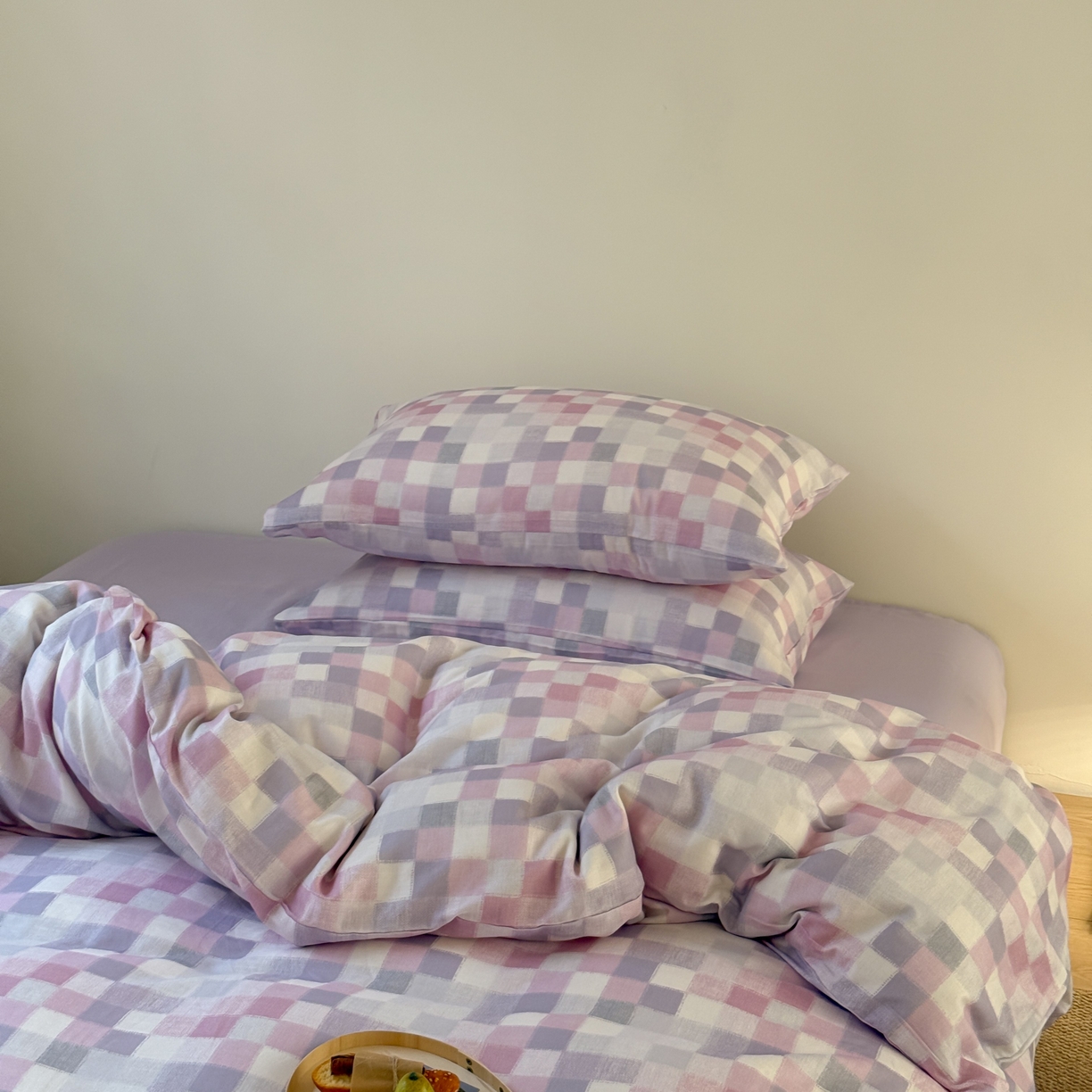 91家纺网 家纺一手货源 找家纺 窝米 2025新品全棉纯棉双层纱简约条格四件套系列第一组 蔚集-粉