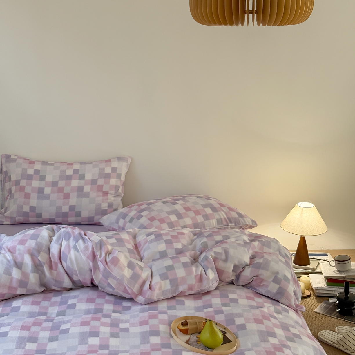 91家纺网 家纺一手货源 找家纺 窝米 2025新品全棉纯棉双层纱简约条格四件套系列第一组 蔚集-粉