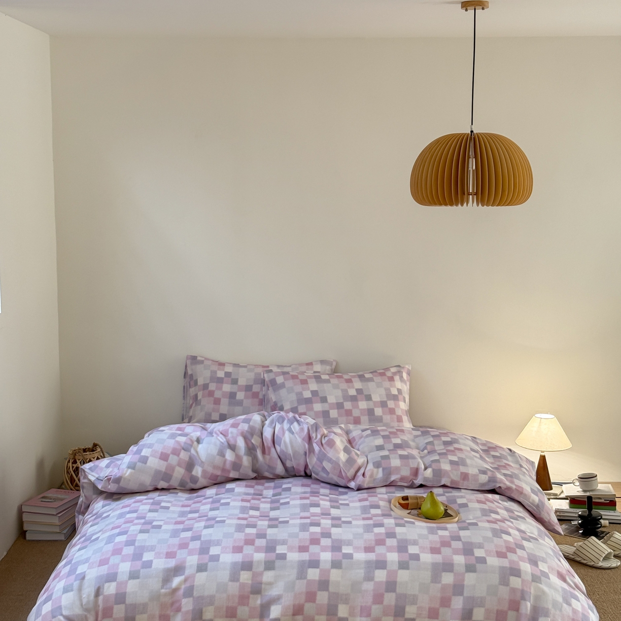 91家纺网 家纺一手货源 找家纺 窝米 2025新品全棉纯棉双层纱简约条格四件套系列第一组 蔚集-粉