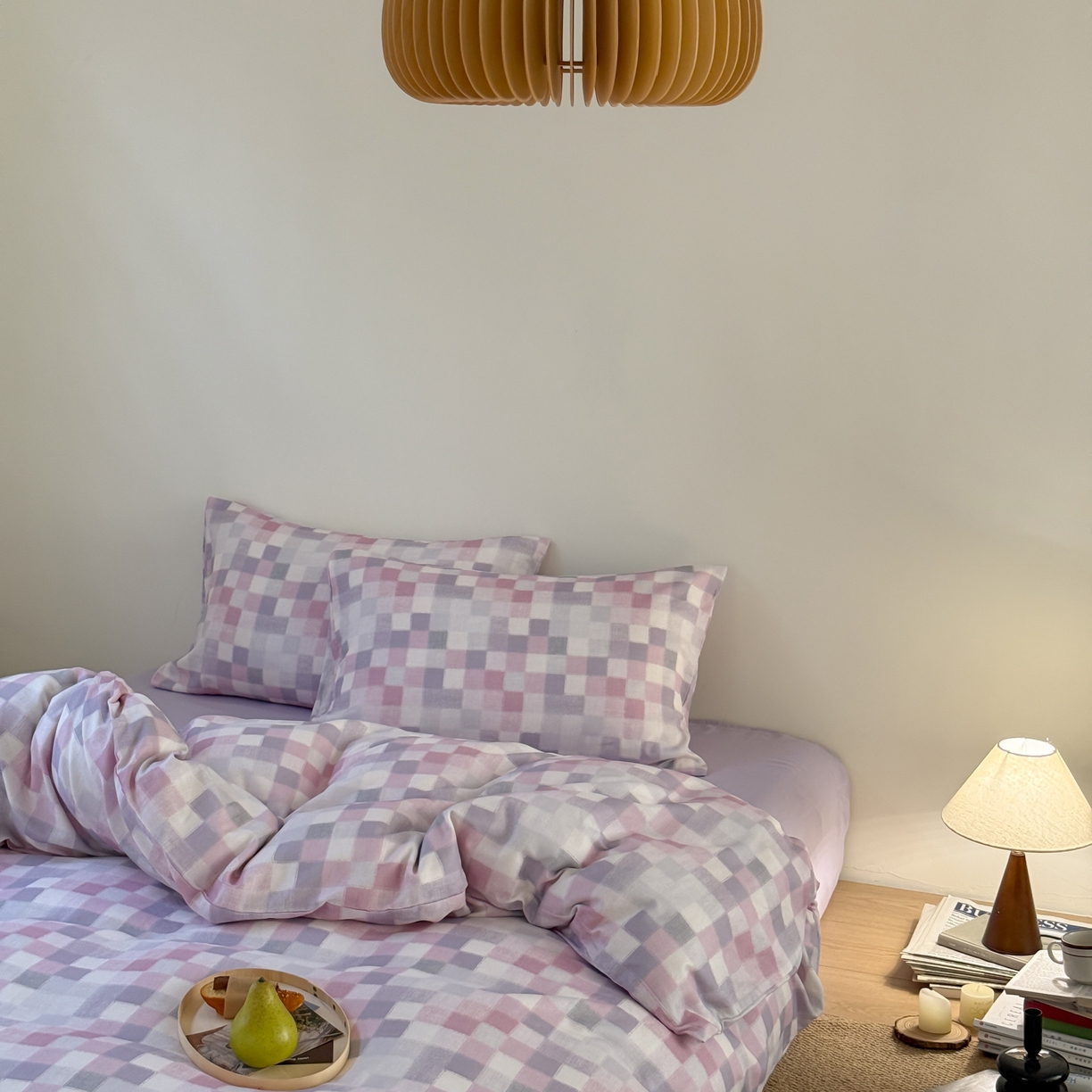 91家纺网 家纺一手货源 找家纺 窝米 2025新品全棉纯棉双层纱简约条格四件套系列第一组 蔚集-粉