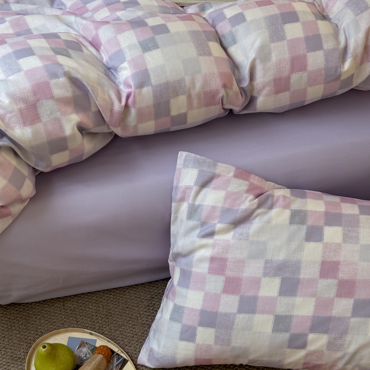 91家纺网 家纺一手货源 找家纺 窝米 2025新品全棉纯棉双层纱简约条格四件套系列第一组 蔚集-粉