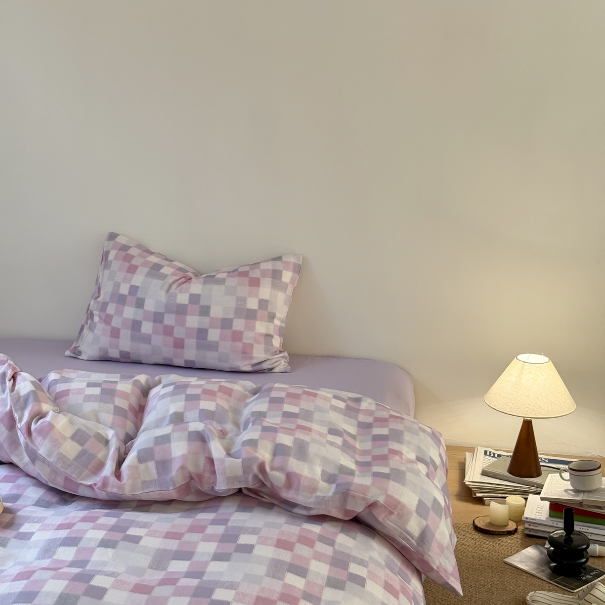 91家纺网 家纺一手货源 找家纺 窝米 2025新品全棉纯棉双层纱简约条格四件套系列第一组 蔚集-粉