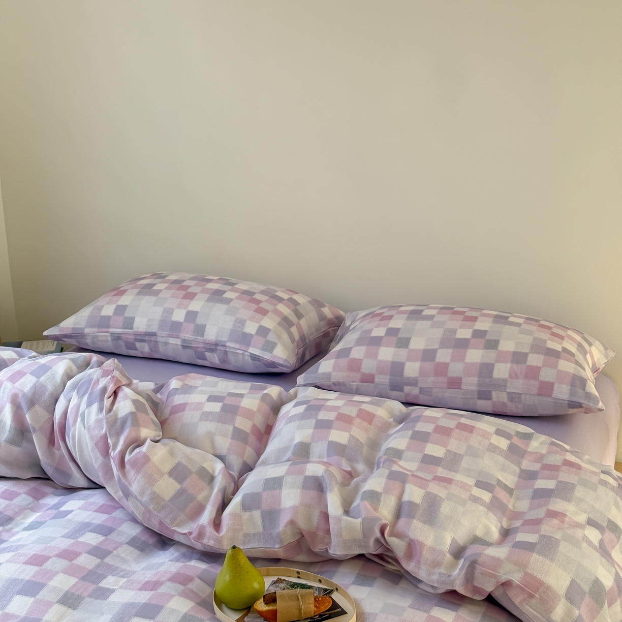 91家纺网 家纺一手货源 找家纺 窝米 2025新品全棉纯棉双层纱简约条格四件套系列第一组 蔚集-粉