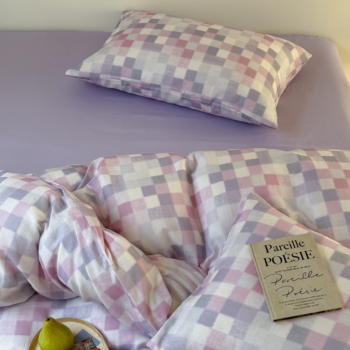 91家纺网 家纺一手货源 找家纺 窝米 2025新品全棉纯棉双层纱简约条格四件套系列第一组 蔚集-粉