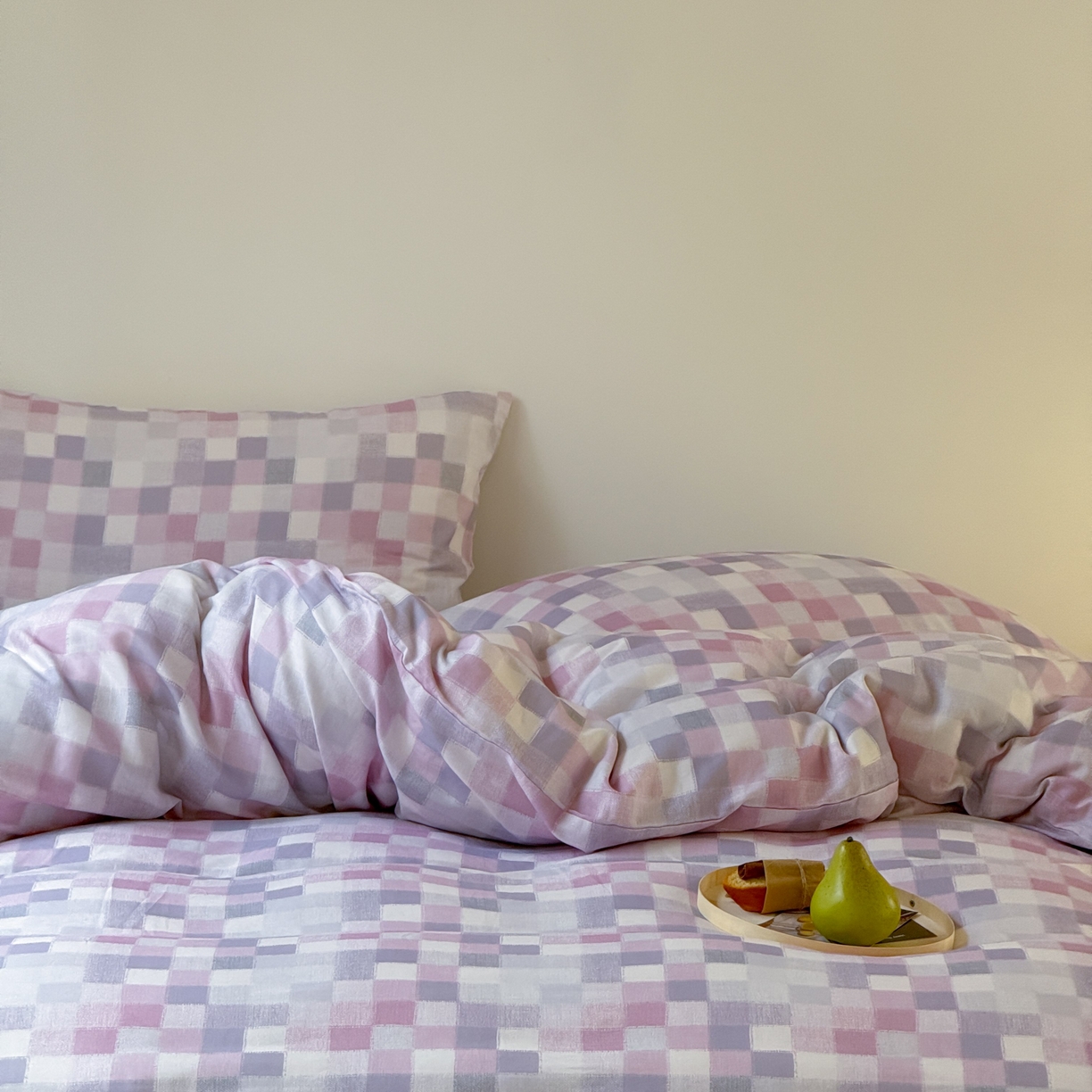 91家纺网 家纺一手货源 找家纺 窝米 2025新品全棉纯棉双层纱简约条格四件套系列第一组 蔚集-粉