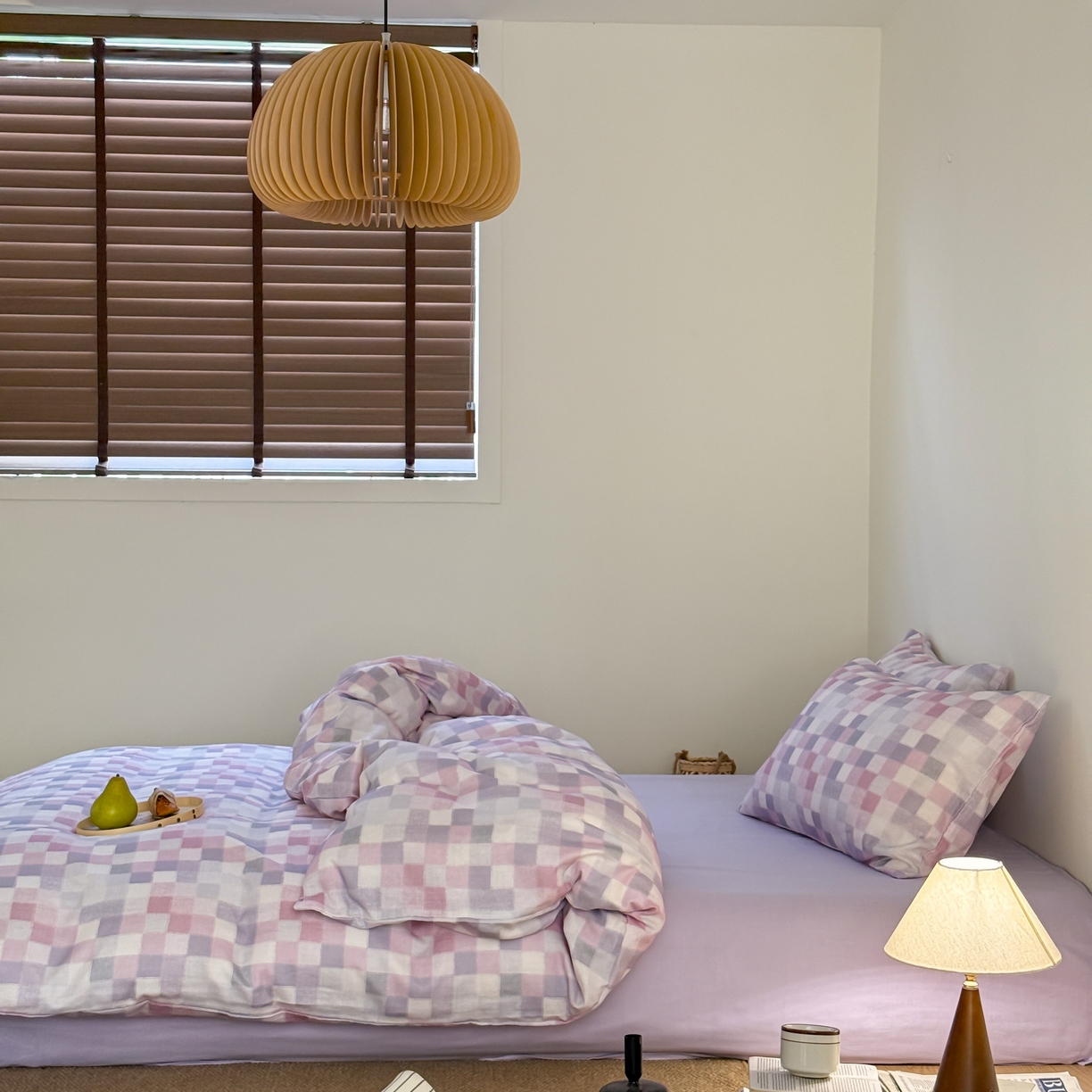 91家纺网 家纺一手货源 找家纺 窝米 2025新品全棉纯棉双层纱简约条格四件套系列第一组 蔚集-粉