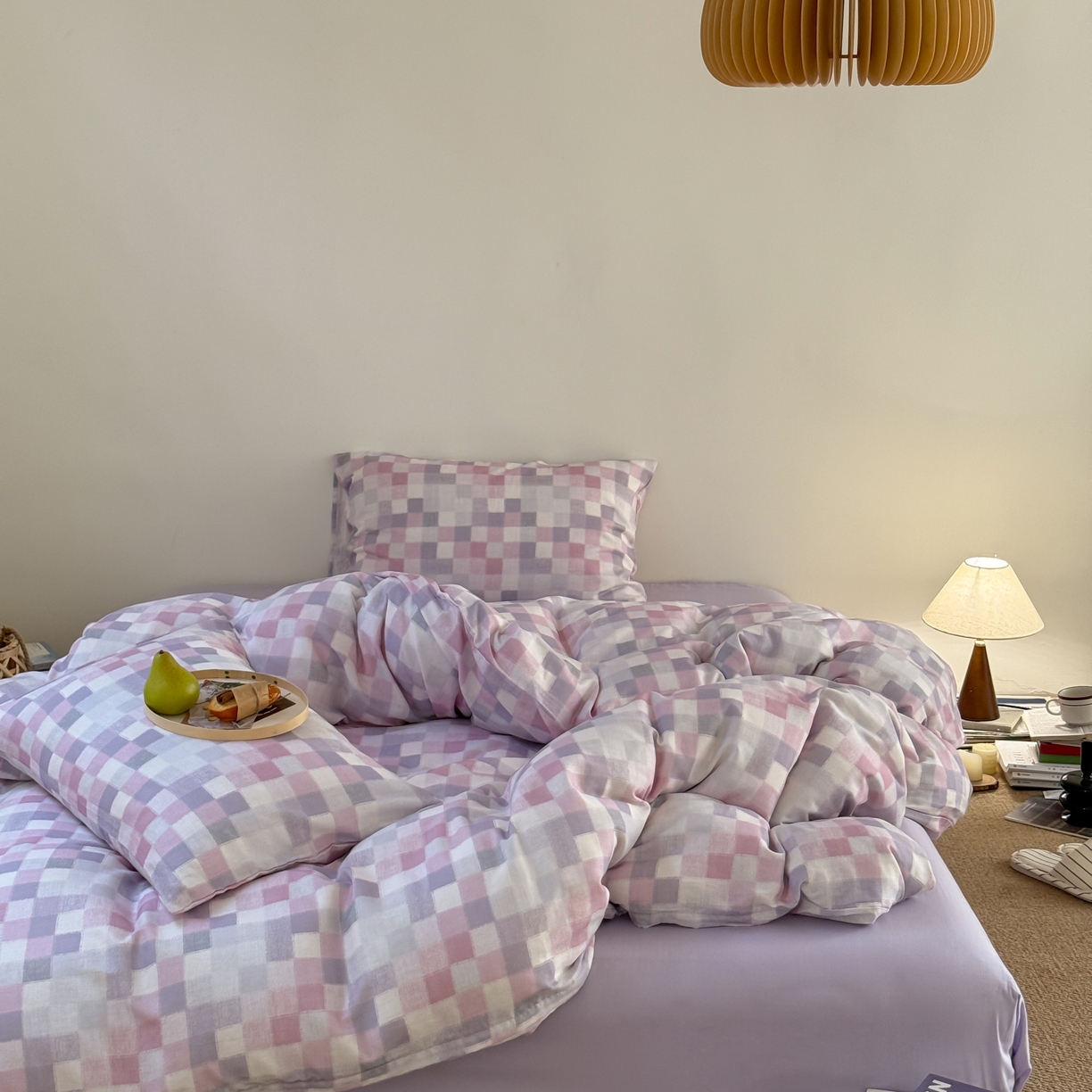 91家纺网 家纺一手货源 找家纺 窝米 2025新品全棉纯棉双层纱简约条格四件套系列第一组 蔚集-粉