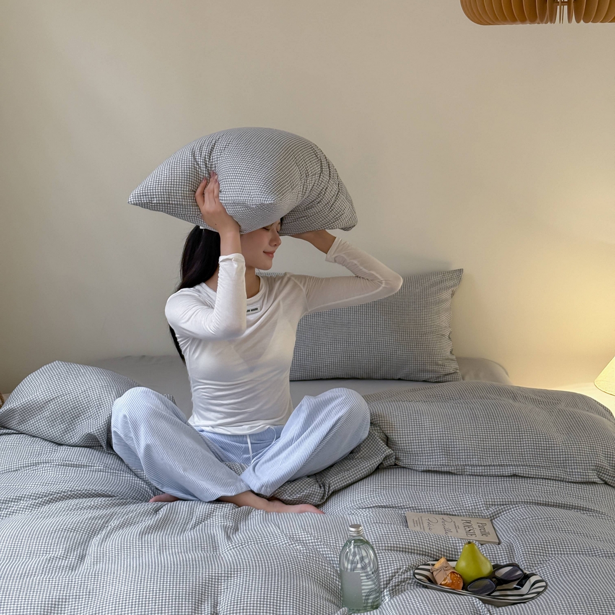 91家纺网 家纺一手货源 找家纺 窝米 2025新品全棉纯棉双层纱简约条格四件套系列第一组 品小格-黑