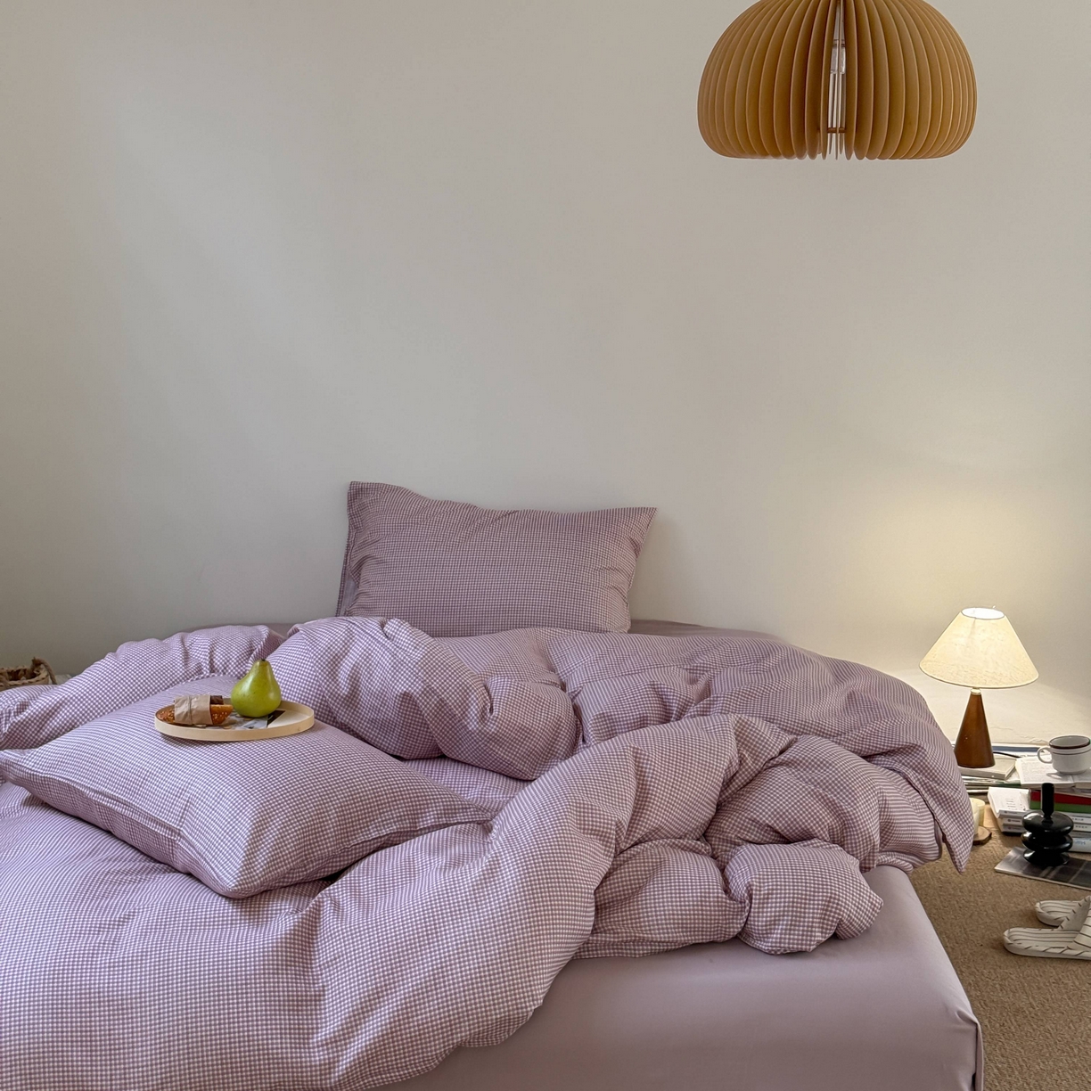 91家纺网 家纺一手货源 找家纺 窝米 2025新品全棉纯棉双层纱简约条格四件套系列第一组 品小格-紫