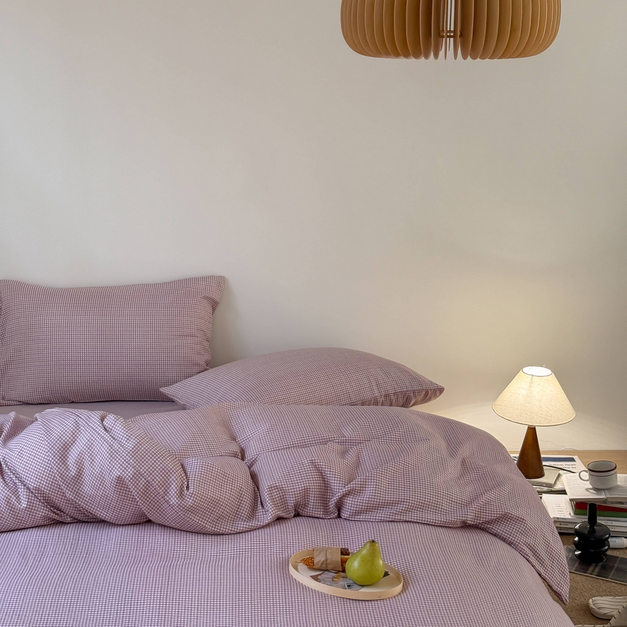 91家纺网 家纺一手货源 找家纺 窝米 2025新品全棉纯棉双层纱简约条格四件套系列第一组 品小格-紫