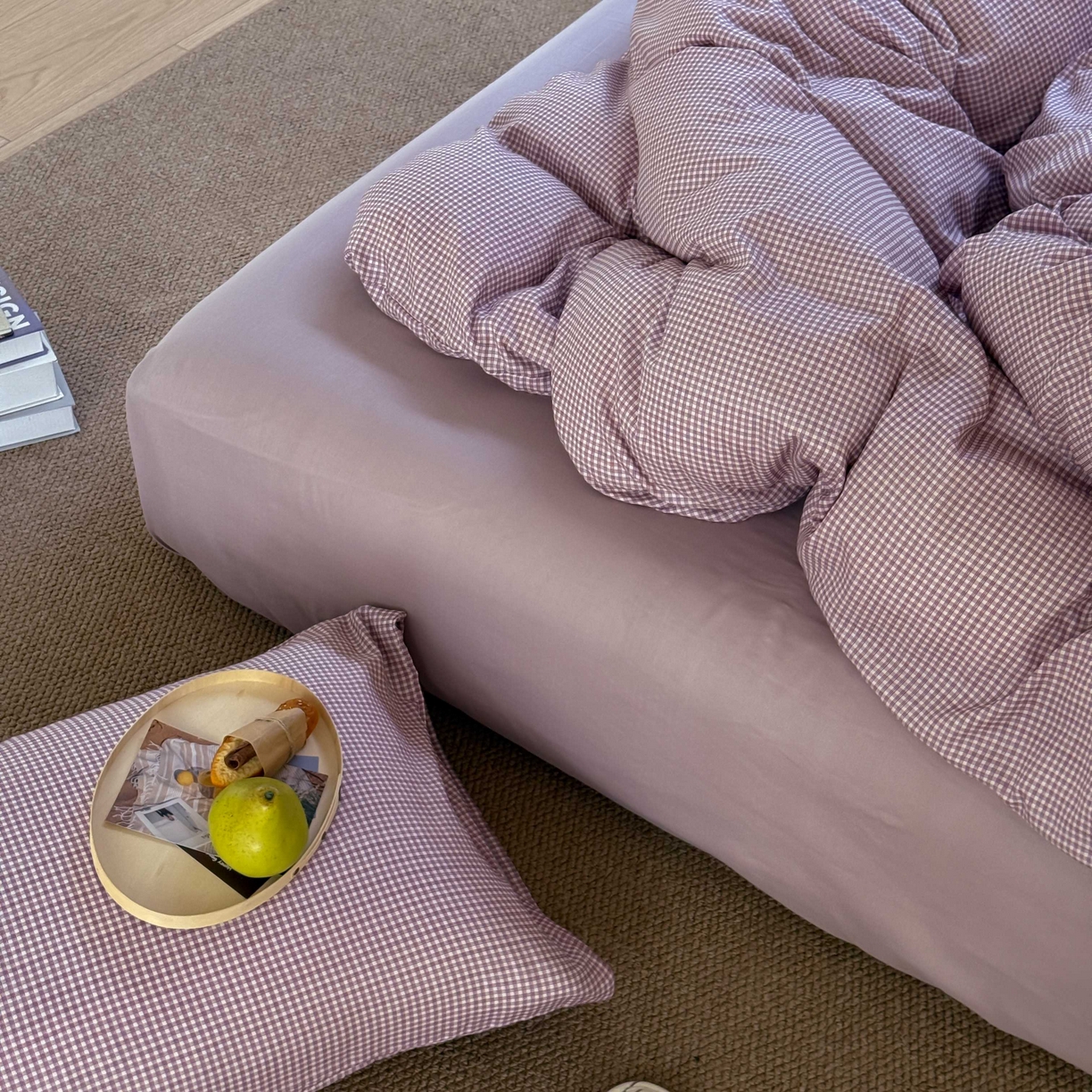 91家纺网 家纺一手货源 找家纺 窝米 2025新品全棉纯棉双层纱简约条格四件套系列第一组 品小格-紫