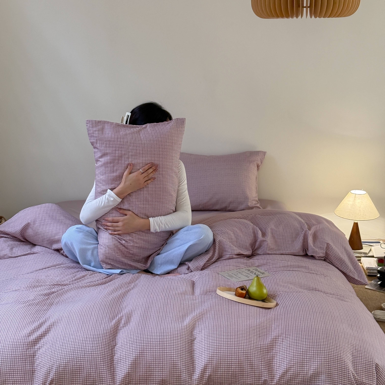 91家纺网 家纺一手货源 找家纺 窝米 2025新品全棉纯棉双层纱简约条格四件套系列第一组 品小格-紫