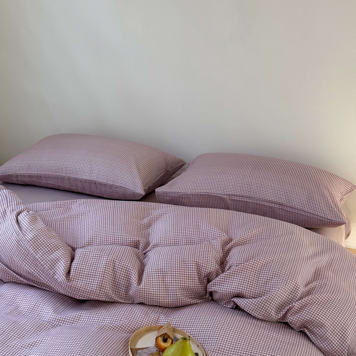 91家纺网 家纺一手货源 找家纺 窝米 2025新品全棉纯棉双层纱简约条格四件套系列第一组 品小格-紫