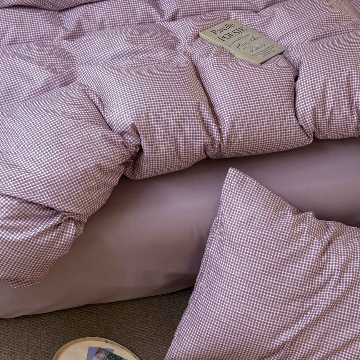 91家纺网 家纺一手货源 找家纺 窝米 2025新品全棉纯棉双层纱简约条格四件套系列第一组 品小格-紫