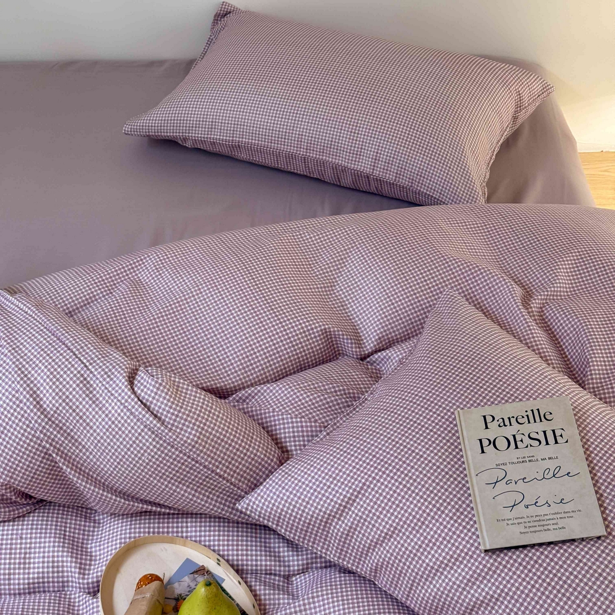 91家纺网 家纺一手货源 找家纺 窝米 2025新品全棉纯棉双层纱简约条格四件套系列第一组 品小格-紫