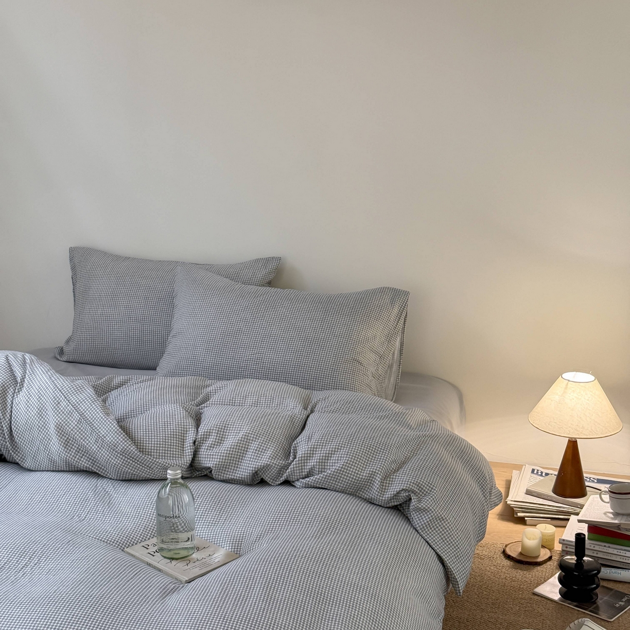 91家纺网 家纺一手货源 找家纺 窝米 2025新品全棉纯棉双层纱简约条格四件套系列第一组 品小格-黑