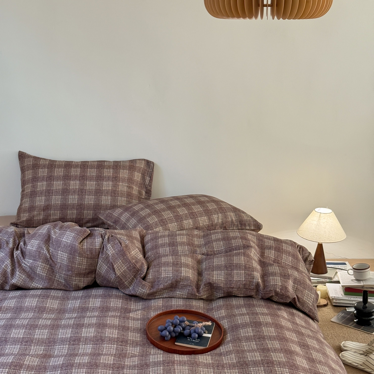 91家纺网 家纺一手货源 找家纺 窝米 2025新品全棉纯棉双层纱简约条格四件套系列第一组 致在-红