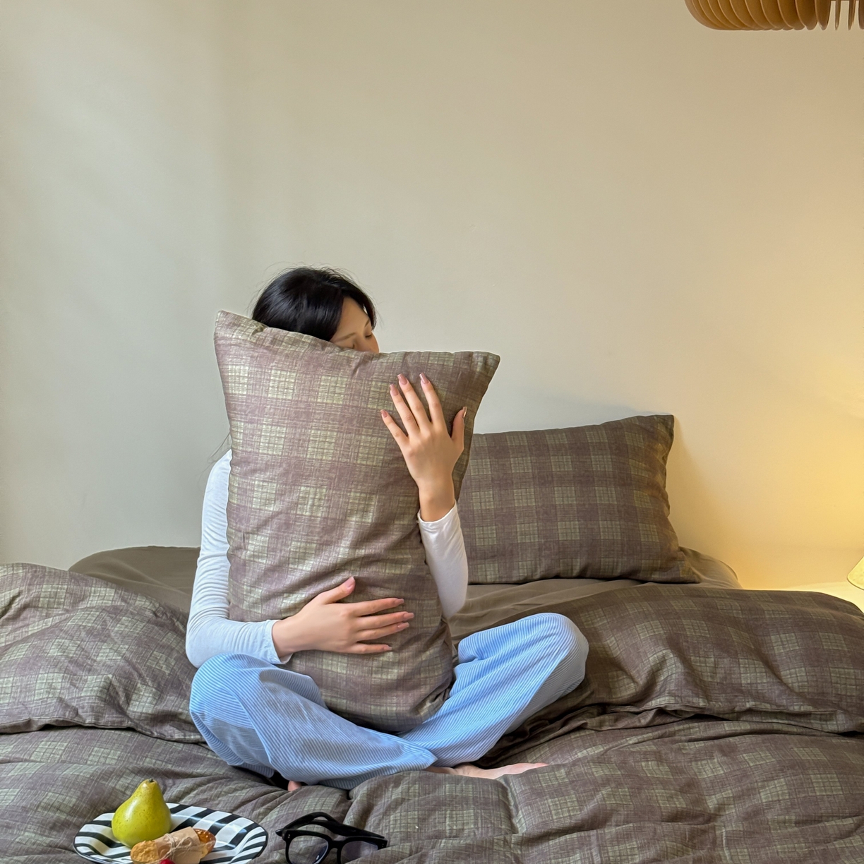 91家纺网 家纺一手货源 找家纺 窝米 2025新品全棉纯棉双层纱简约条格四件套系列第一组 致在-绿