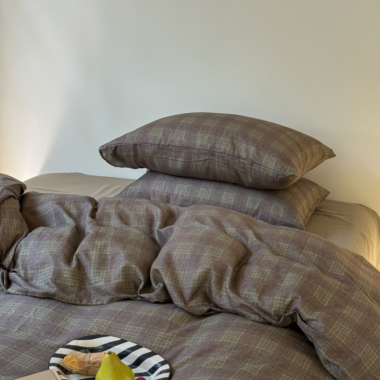 91家纺网 家纺一手货源 找家纺 窝米 2025新品全棉纯棉双层纱简约条格四件套系列第一组 致在-绿