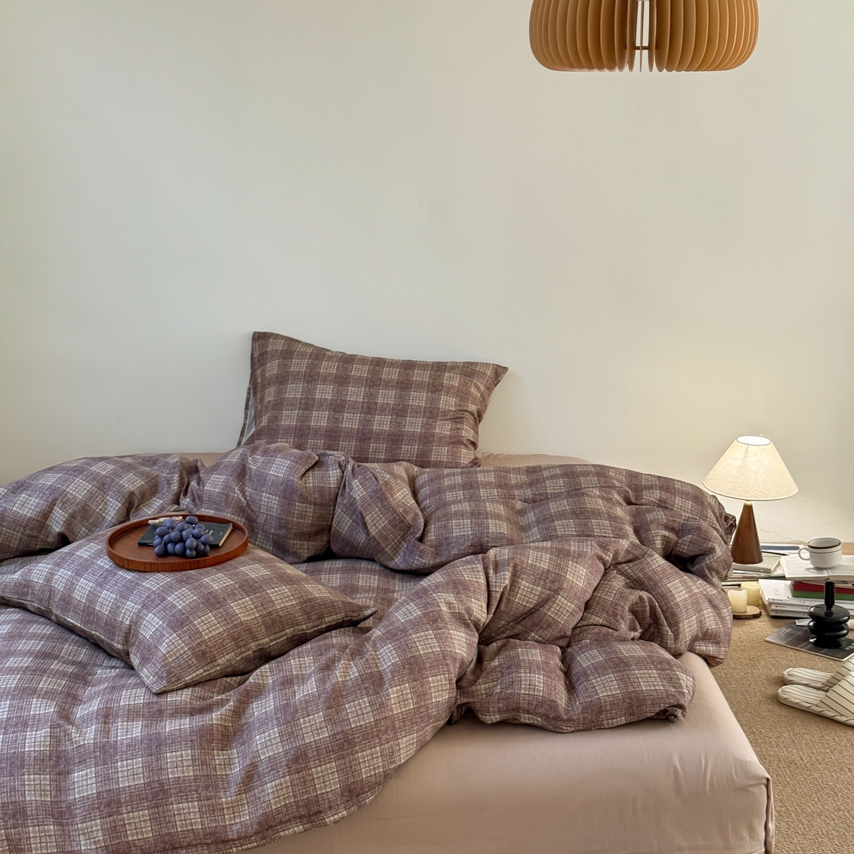 91家纺网 家纺一手货源 找家纺 窝米 2025新品全棉纯棉双层纱简约条格四件套系列第一组 致在-红