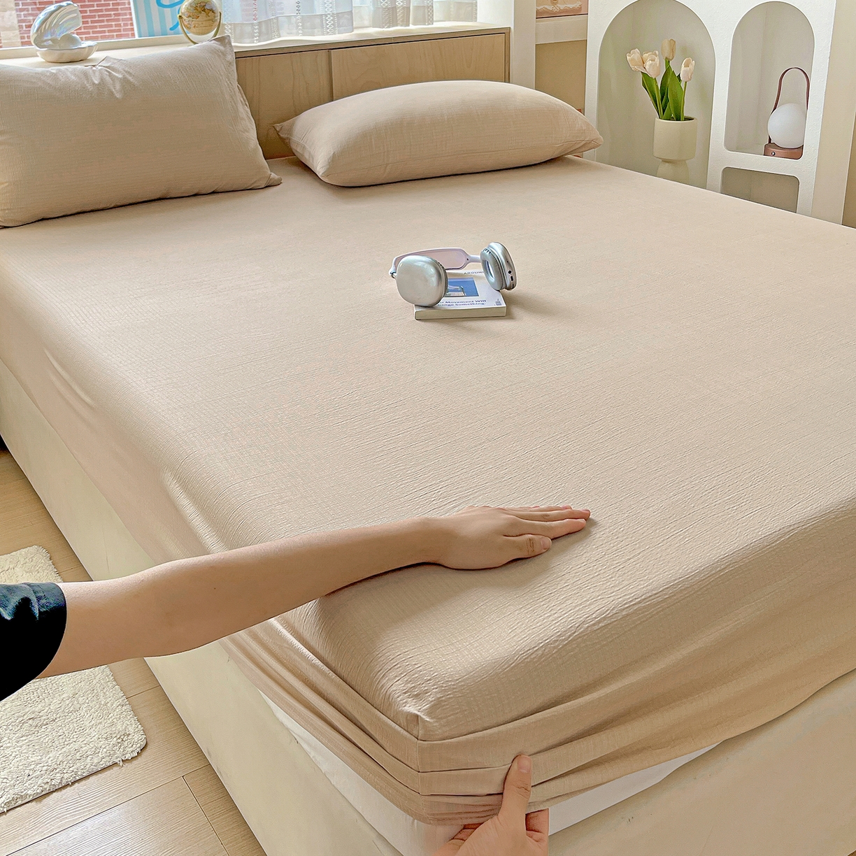 91家纺网 家纺一手货源 找家纺 卡迪熊家纺 2025新款超柔云感双层纱床笠 双层纱-杏色