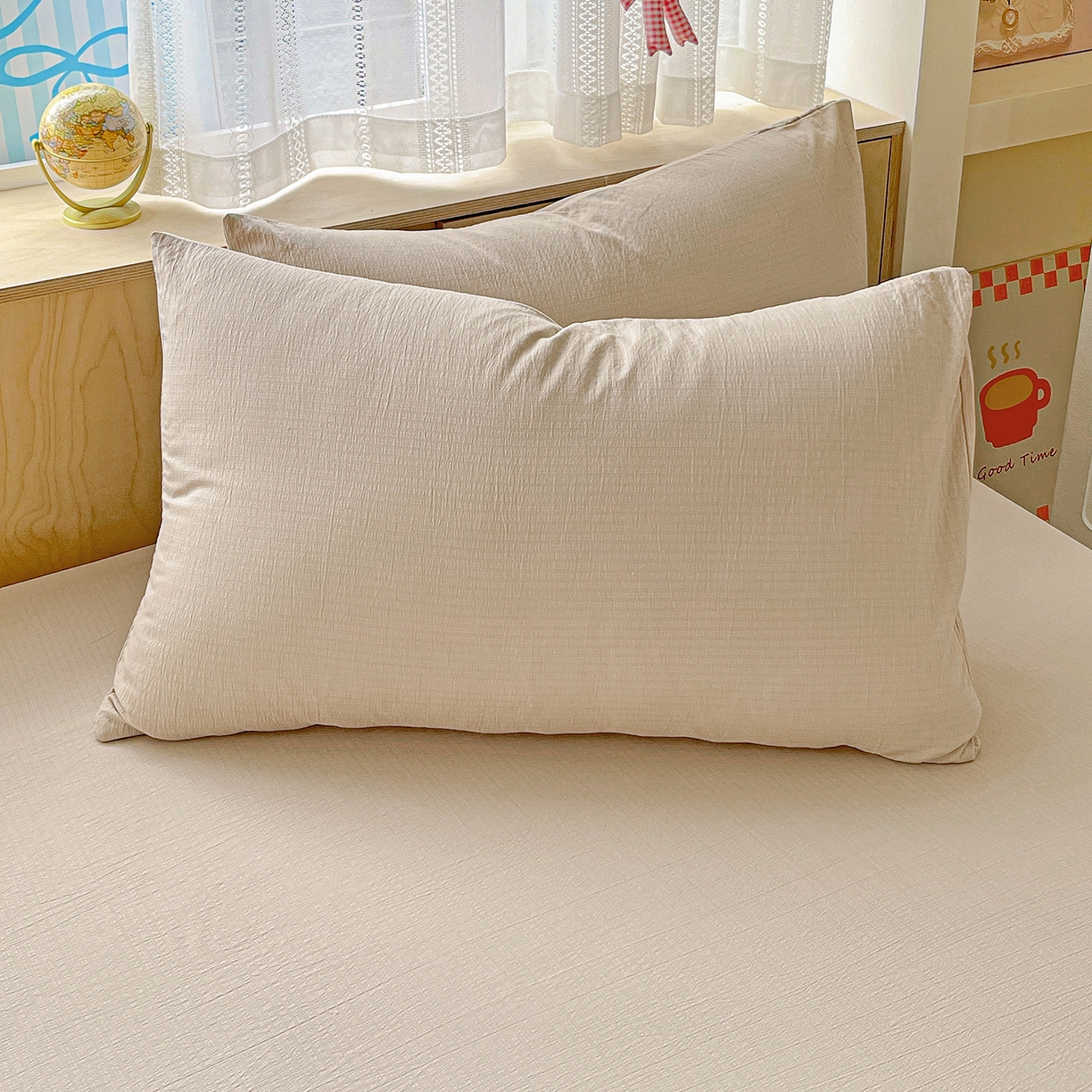 91家纺网 家纺一手货源 找家纺 卡迪熊家纺 2025新款超柔云感双层纱床笠 双层纱-杏色